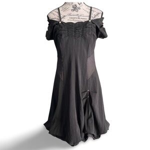 Terra Nostra Pinstripe Corset Bubble Off Shoulder Corporate Goth Midi Dress